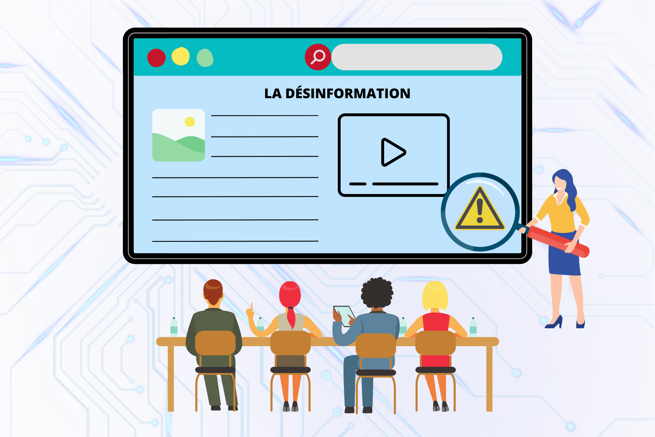 Image graphique d'une enseignante qui donne une leçon sur la désinformation à ses élèves